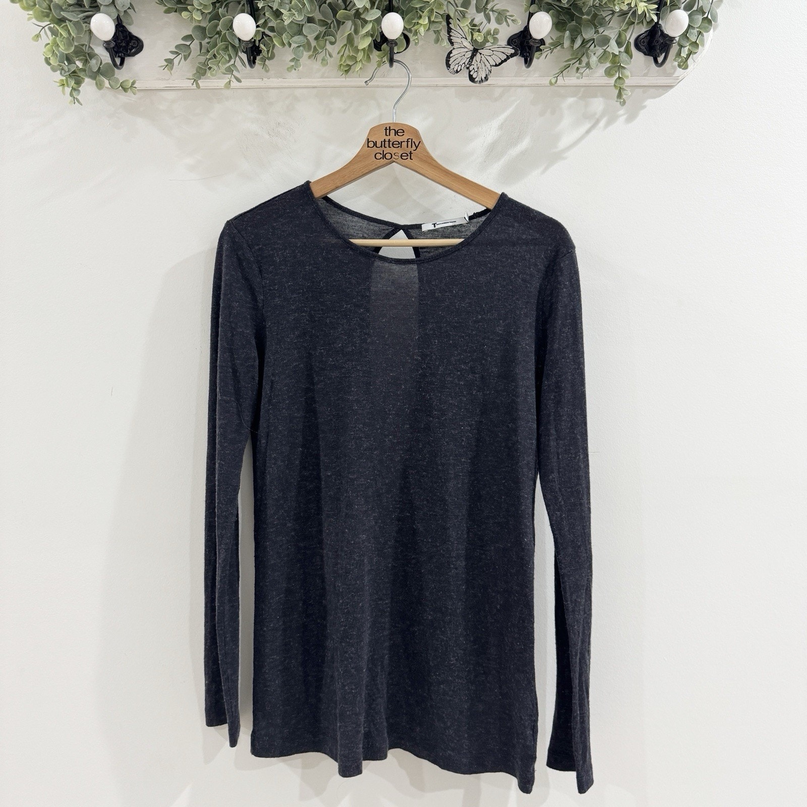 T Alexander Wang Heathered Black Keyhole Back Long Sleeve Shirt Small Wool Blend